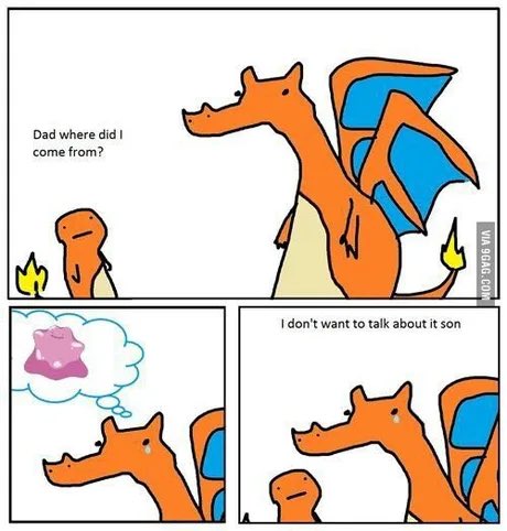 A three-panel comic featuring Charizard where a baby Charmander asks "Dad where did I come from?" prompting an awkward memory (reminiscent of a Pokémon egg) before Charizard replies "I don't want to talk about it son"—humorously tying into the user's promotion of Pokémon ENS (Ethereum Name Service) domains.