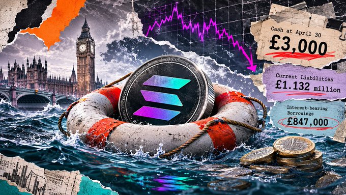 A collage-style financial graphic featuring a Solana coin in a life preserver, Big Ben and London landmarks in stormy seas, with figures showing Cash at April 30 of £3,000, Current Liabilities of £1.132 million, and Interest-bearing Borrowings of £847,000.