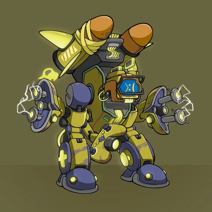 A cartoon illustration of a yellow and gray mech robot equipped with large shoulder cannons and dual spinning gatling guns.