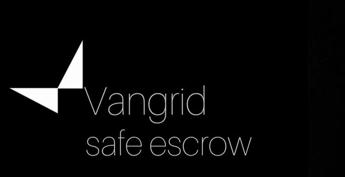 A black screen featuring the Vangrid logo, composed of two white angular forms resembling a stylized 'V' or paper airplane, alongside the phrase 'safe escrow' in white.