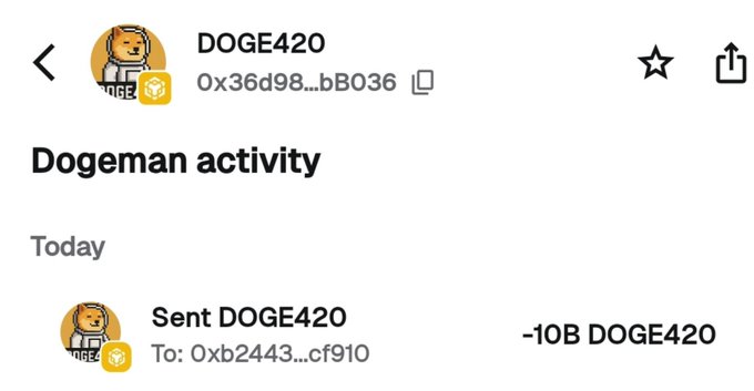 A screenshot of a Dogeman activity wallet for 'DOGE420' showing a transaction sending -10B DOGE420 to address 0xb2443...cf910.