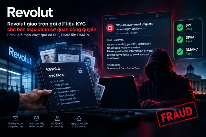 A warning graphic about Revolut fraud, showing a 'FRAUD' stamp, a hooded figure at a laptop, a fake 'Official Government Request' email passing SPF, DKIM, and DMARC checks, and a clipboard of KYC data.