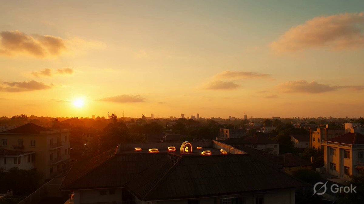 The image shows a city skyline at sunset with a large building featuring a dome roof that has several windows. The sun is setting behind the buildings, creating a warm glow over the scene. The sky above the city appears hazy due to the low light conditions during sunset.