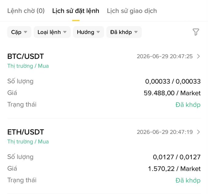 A screenshot of a Binance order history showing two successfully filled market buy orders on 2026-06-29: 0.00033 BTC at $59,488.00 and 0.0127 ETH at $1,570.22, illustrating the poster's 21st day of DCA accumulation on BTC and ETH at cheaper prices following a price dip.
