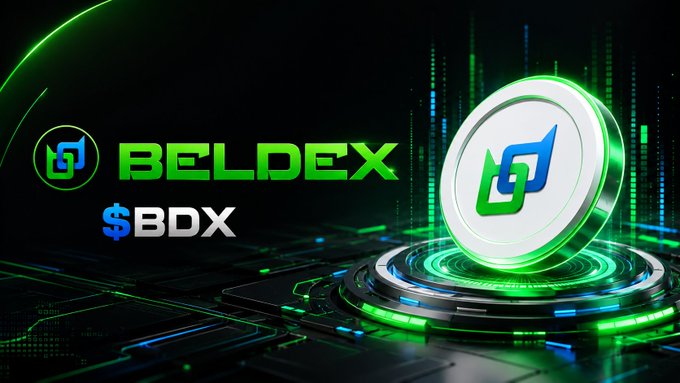 A promotional graphic for the cryptocurrency Beldex featuring its green and blue logo, the ticker $BDX, and a 3D coin display.