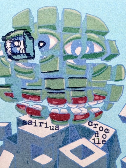 A stylized, surreal illustration of a green brick-like face with eyes and a toothy grin, featuring the text "esirius" and "crocodile" arranged across isometric blocks at the bottom.