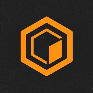 An orange hexagonal logo featuring a stylized 3D cube design on a dark textured background.