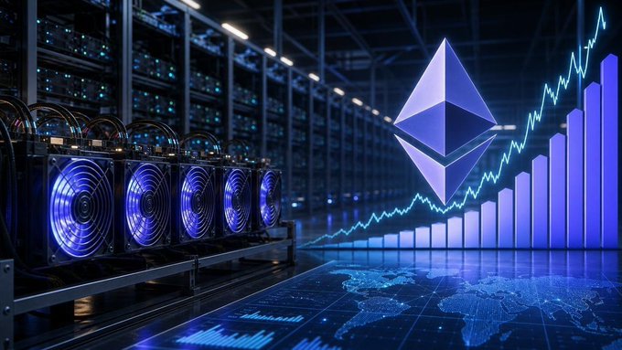 A digital illustration depicts rows of illuminated cryptocurrency mining rigs with cooling fans on the left, alongside the Ethereum logo, an ascending bar chart with a growth line, and a world map on a reflective floor.