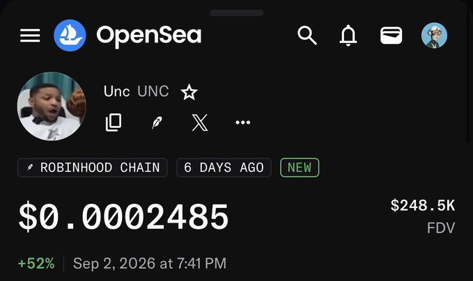 A screenshot of an OpenSea NFT listing for an item named 'Unc UNC' on the Robinhood Chain, showing a price of $0.0002485, a 52% increase, and a fully diluted valuation (FDV) of $248.5K.