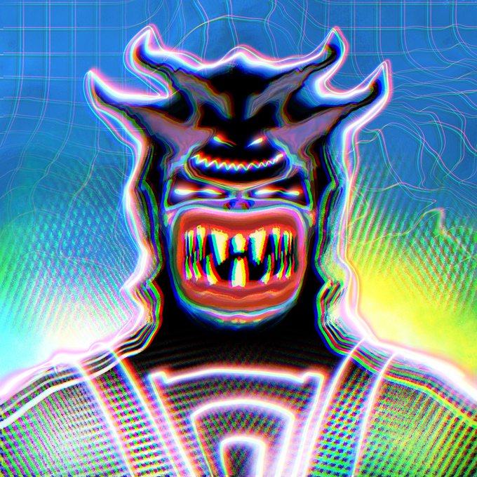 A demonic, glitch-distorted figure with glowing horns, menacing eyes, and sharp fangs is rendered in vibrant neon colors against a blue background. The text "WEI" appears stylized within the teeth of the creature, aligning with the post's theme of hand-made art supporting @GORDLabsNFT and Adam Weitsman.