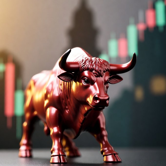 A glossy red bull figurine stands confidently in the foreground against a backdrop featuring stock market candlestick charts, embodying the "bull market" sentiment and rising momentum referenced in the caption "Do you feel it?"