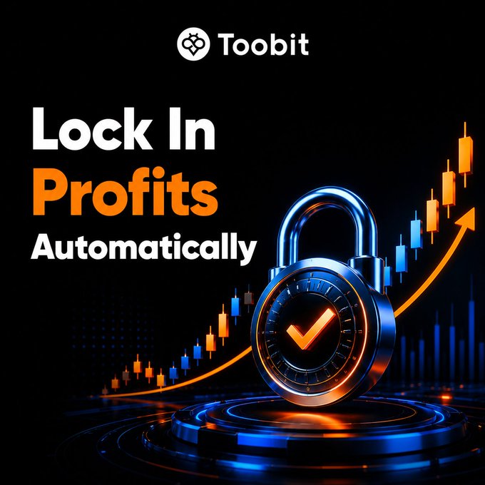 This Toobit graphic depicts a locked padlock over a rising stock chart, emphasizing the concept of "Lock In Profits Automatically," which directly relates to the post's message about the Trailing Stop feature.