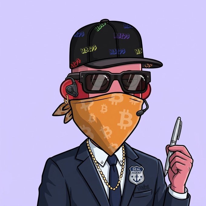 A stylized cartoon character is depicted wearing a black cap patterned with colorful "NFT" logos, dark sunglasses, a red headset, and an orange bandana covered in Bitcoin "₿" symbols, while dressed in a navy suit with a gold chain and a "SEAL AGENT" badge with an anchor emblem, holding up a pen in a business-ready pose that perfectly matches the post's "gm nfts" greeting, presenting a crypto- and NFT-savvy trader or agent ready for the day.