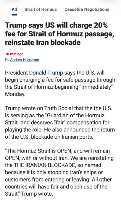 A news article headline reads "Trump says US will charge 20% fee for Strait of Hormuz passage, reinstate Iran blockade," with the article detailing Trump's announcement of a transit fee and the return of the U.S. blockade on Iranian ports. The image relates to the accompanying post's speculation about whether Ripple XRP could be used as a payment method for the newly announced Strait of Hormuz transit fees.