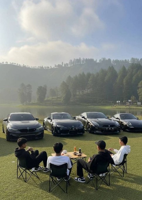 The image shows a group of people sitting around a table outdoors, enjoying each other's company. There are five people visible in the scene, with some seated on chairs while others stand or sit on the grass. The setting appears to be a park-like area, and there is a lake nearby. A few cars can also be seen parked close by.

The post features an image of a group of men sitting around a table outdoors, which seems to be the main focus of the photo. The caption reads "Good Afternoon X CT Creator gDropee Everything around @dropee_app feels like it's converging at the perfect time: • 1B+ users TON scaling rapidly $0.0005 transaction fees Now Dropee is". This information suggests that the image might be related to a social gathering or event, where people are enjoying their time outdoors and sharing drinks in front of parked cars.