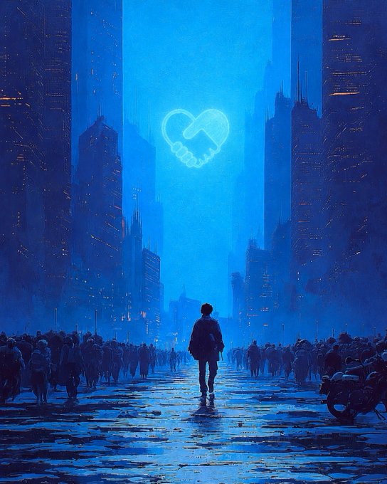 A blue-toned digital illustration showing a lone figure walking toward a glowing infinity heart symbol amidst a vast, futuristic city with crowds of silhouetted people.