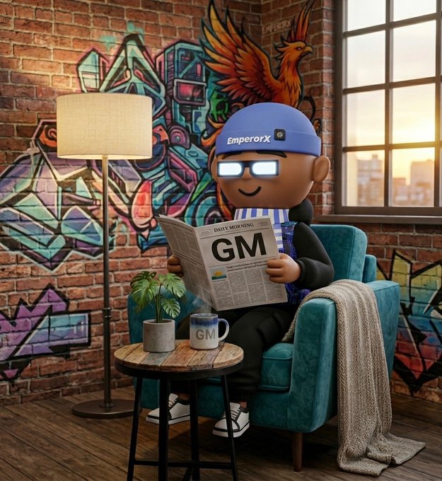 A 3D cartoonish character wearing a blue beanie labeled "Emperorx" and glowing glasses reads a "DAILY MORNING GM" newspaper while sitting in a teal armchair in a graffiti-covered loft.