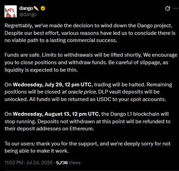 A tweet from the Dango account (@dango) announcing the wind-down of the Dango project, with trading halting on Wednesday, July 29, and blockchain stopping on August 13.