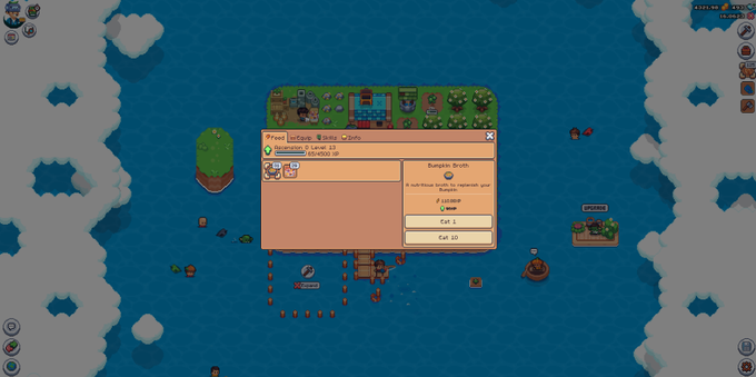 A top-down view of a pixel art farming sim game showing a large pumpkin crop ready to harvest for "Pumpkin Broth" and a leather recipe, displayed in a menu labeled "Farming".