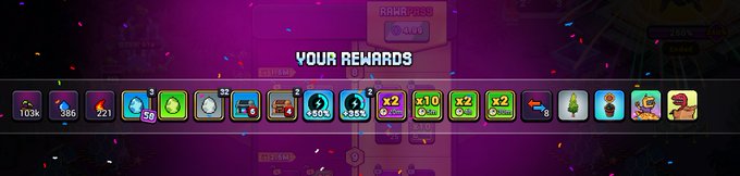 A 'YOUR REWARDS' screen from a video game showing a row of colorful item icons with multipliers and quantities on a dark purple background.