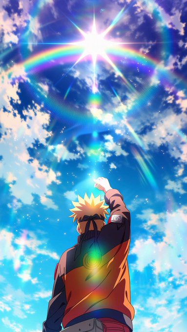 Anime-style illustration of a blonde character wearing an orange jacket and a headband with the leaf symbol, looking up at a bright sun shining through clouds with a rainbow halo, reminiscent of Naruto.