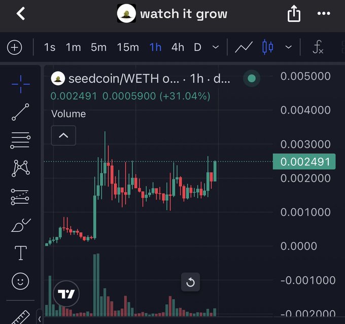 A TradingView chart shows the seedcoin/WETH pair on a 1-hour timeframe with a current price of 0.002491, up +31.04%, titled 'watch it grow'.
