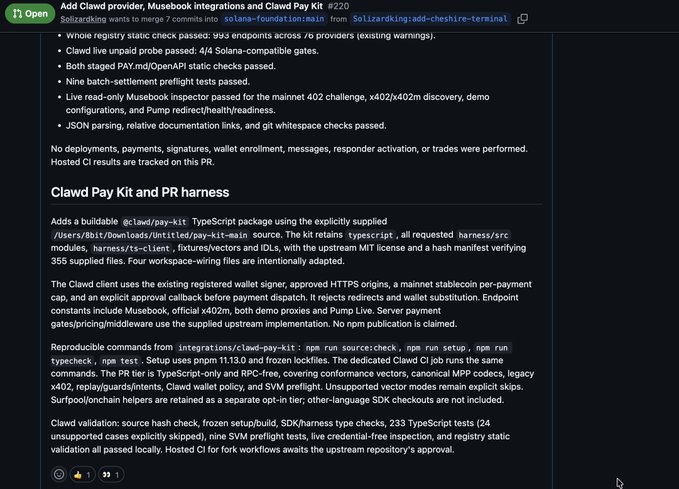 A GitHub pull request titled 'Add Clawd provider, Musebook integrations and Clawd Pay Kit #220' details technical implementation work for Solana/Clawd.