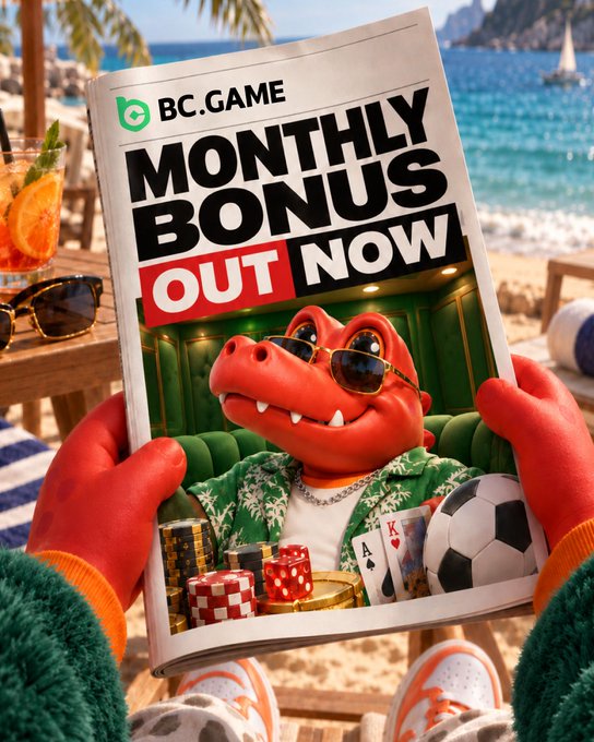 A promotional image for "BC.GAME" featuring a red crocodile character wearing sunglasses and a Hawaiian shirt, holding cards, chips, and a soccer ball, with bold text reading "MONTHLY BONUS OUT NOW" against a beach backdrop.
