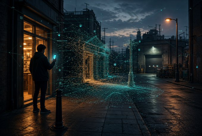 Artistic illustration of a person holding a glowing device in a dark urban street, projecting a holographic, wireframe-like 3D scan of a building.