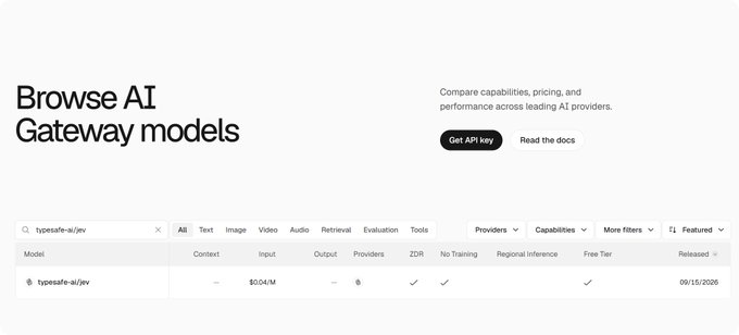 A webpage screenshot titled 'Browse AI Gateway models' displays a comparison table for AI providers, showing a 'typesafe-ai/iev' model entry with pricing details and various capability checkmarks.