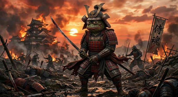 An AI-generated samurai warrior with a frog-like face stands amid a fiery battlefield with a burning castle in the background, near a banner reading '侍魂'.
