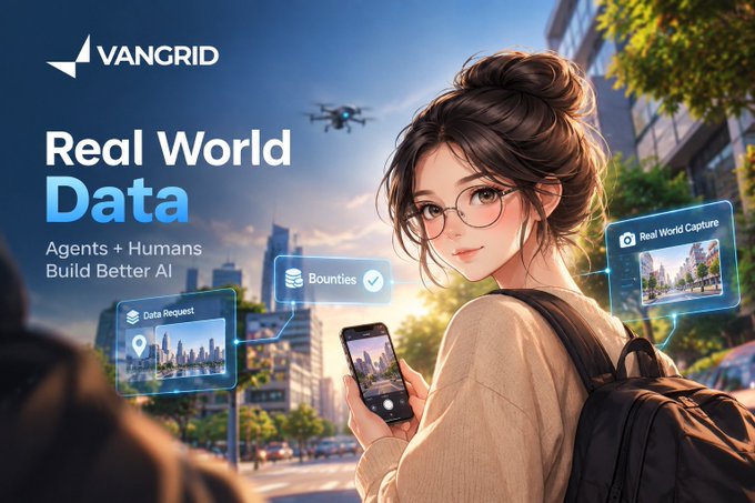 A promotional graphic for "VANGRID" featuring the text "Real World Data," "Agents + Humans Build Better AI," and showing an anime-style woman with a smartphone alongside labels like "Data Request," "Bounties," and "Real World Capture."