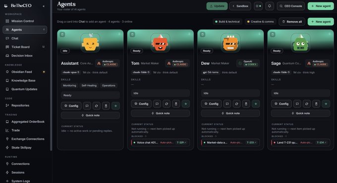 A dashboard interface titled 'BelltheCEO' showing an 'Agents' page with four agent cards (Assistant, Tom, Dew, Sage), each displaying 'Idle' or 'Ready' status with associated costs.