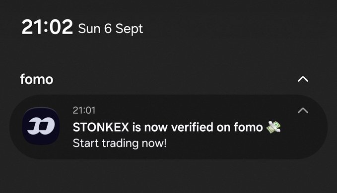 A phone screenshot dated Sunday, September 6 at 21:02 displays a "fomo" notification timestamped 21:01 announcing that "STONKEX is now verified on fomo 💸 Start trading now!" This corresponds with the celebratory post confirming that the $STONKEX project received verification on the fomo platform.