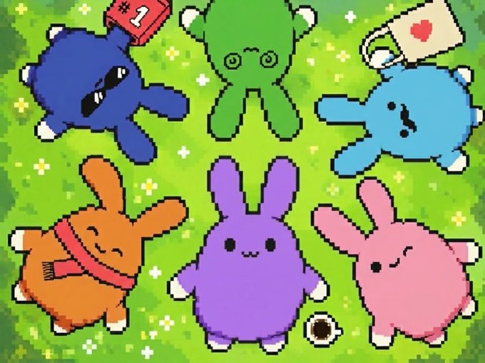 A pixel art illustration shows six cute, colorful plush-like characters (blue, green, orange, purple, and pink) arranged on a grassy background with flowers, with one holding a '#1' sign and another holding a mug with a heart.