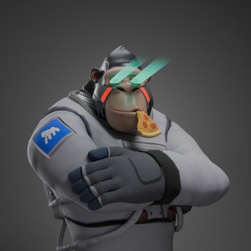 A 3D-rendered character that appears to be a humanoid ape or monkey wearing a grey hoodie with a blue logo, futuristic green visor glasses, and holding a slice of pizza, with arms crossed.