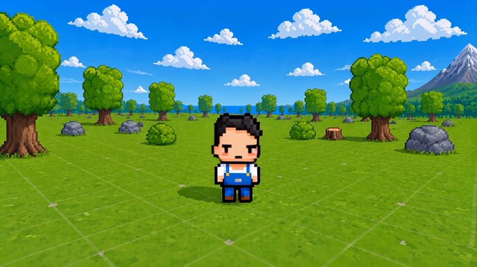 The image features a cartoon character standing in an open field with trees surrounding him. The character appears to be wearing blue overalls and has a serious expression on his face. In the background, there are mountains visible against a clear sky. The post also provides some interesting statistics about the game's progress, including that it is Day 5 & 6 of the game, which means there have been five days since the last update, and six days since the player started playing. Additionally, the character has harvested 4,637 gold items, chopped 34,138 rocks, purchased 1,152 land plots, and visited 1,152 farms during this time.