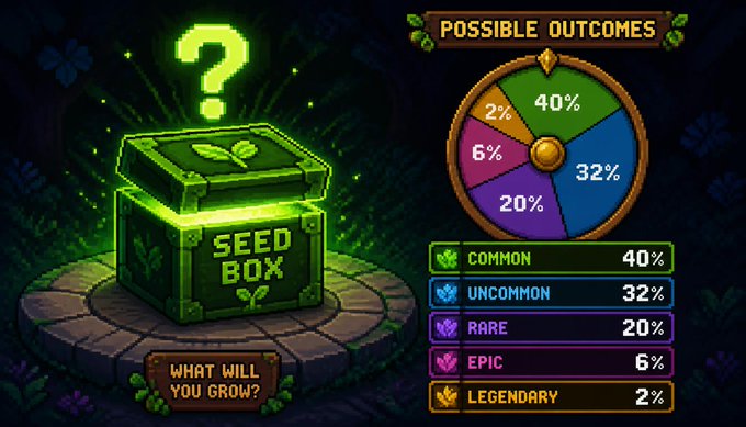 A glowing "SEED BOX" sits beside a "POSSIBLE OUTCOMES" pie chart detailing drop rates: Common 40%, Uncommon 32%, Rare 20%, Epic 6%, and Legendary 2%. The visual reinforces the post's pitch that this 0.05 SOL "gateway to the farm" offers a randomized plant drop with progressively rarer—and more valuable—tiers, including the elusive Legendary outcome.