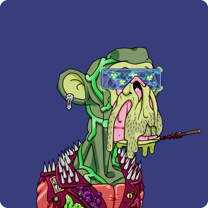 A green-skinned cartoon character with a melting face and tentacle beard wears VR goggles and a spiked jacket, smoking a cigarette against a dark blue background.