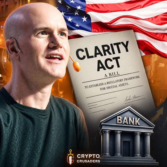 Crypto Crusaders promotional graphic featuring a man alongside an American flag, a document labeled 'CLARITY ACT - A BILL TO ESTABLISH A REGULATORY FRAMEWORK FOR DIGITAL ASSETS,' and an illustration of a classical bank building.