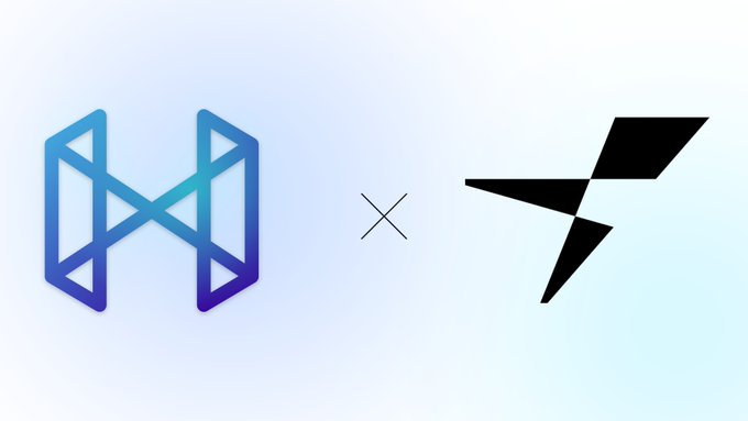 Two logos separated by a multiplication symbol: a blue and purple geometric "M" shape on the left and a black triangular symbol on the right.