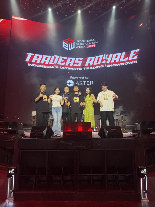 Six people pose on stage at the "Traders Royale - Indonesia's Ultimate Trading Showdown" event, part of Indonesia Blockchain Week 2026, sponsored by Aster DEX, with four holding trophies and wearing matching shirts. The image visually supports the post's thanks to @Aster_DEX for backing the competitive trading event that united traders from Indonesia, Malaysia, and Japan.