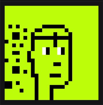 A pixelated portrait of a face with scattered digital blocks on a neon green background, evoking the aesthetic of early computer art. The image complements the post by visually representing the digital "art" the user purchased as part of their Ronksart reveal, symbolizing the low-resolution, pixel-based NFTs they acquired for a small amount of ETH.