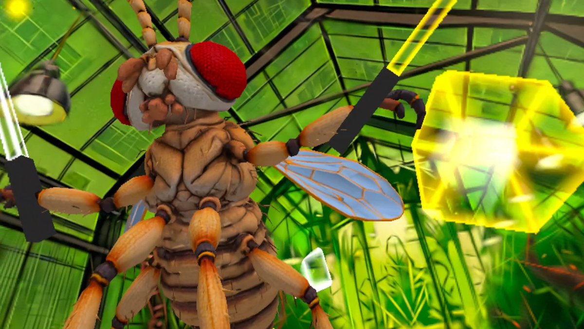 A surreal, giant insectoid creature with red eyes and segmented legs wielding glowing weapons in a green-tinted environment.