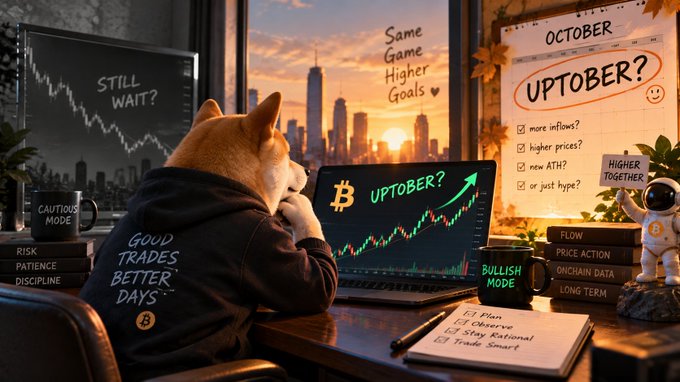 A Shiba Inu dog wearing a black hoodie with "GOOD TRADES BETTER DAYS" sits at a desk looking at a trading chart showing Bitcoin "UPTOBER" with city skyline visible through the window.