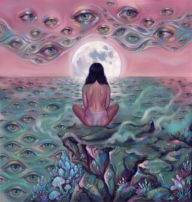 A surreal painting of a woman sitting on a cliff under a full moon, surrounded by floating and water-bound eyes in pink and teal hues.