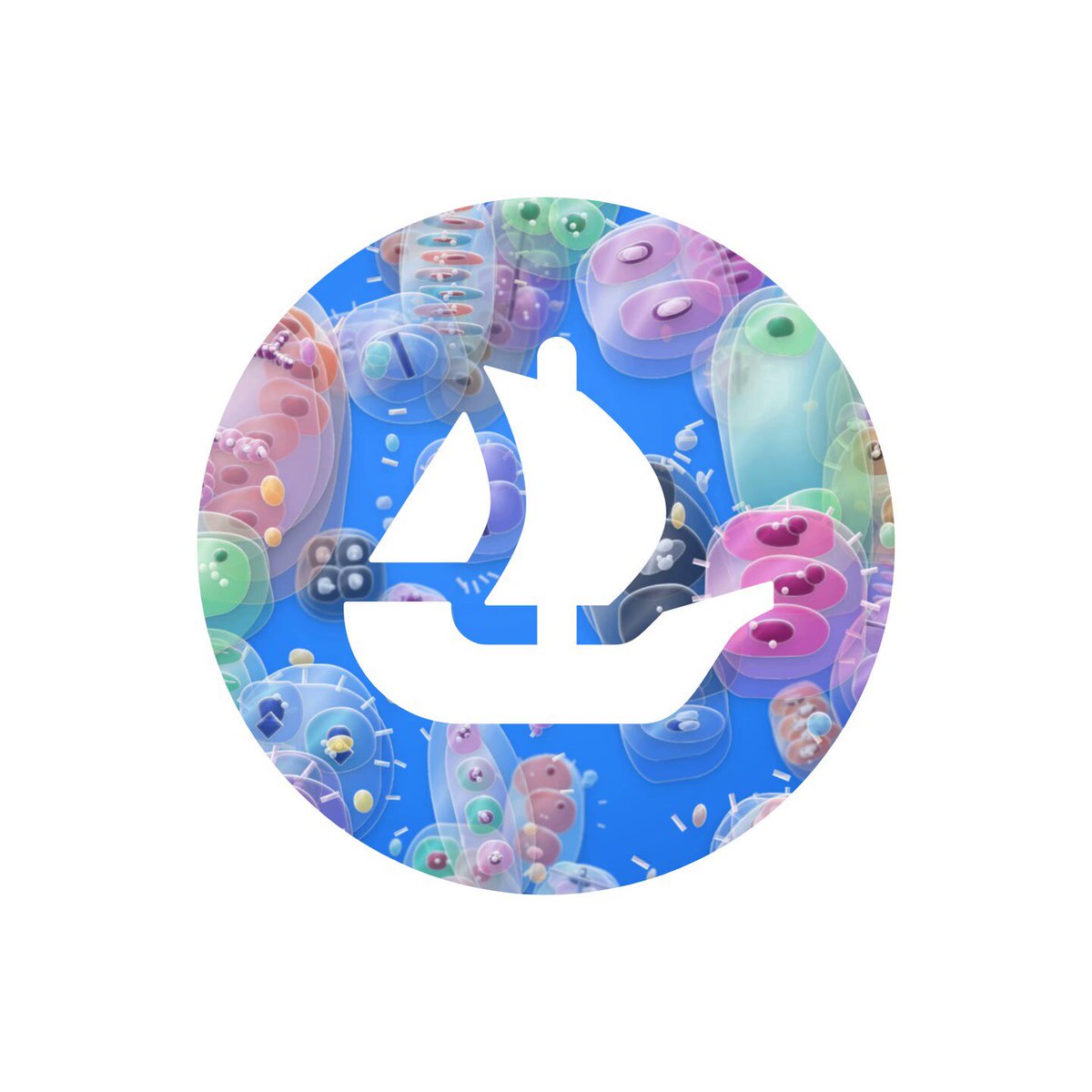 The image features a blue circle with a white sailboat inside, surrounded by an array of colorful objects that appear to be marine life or other sea creatures. The text "Bioms" is written below the boat, which suggests that this image might be related to a discussion about Biomimicry in the context of marine organisms and their adaptations for survival.