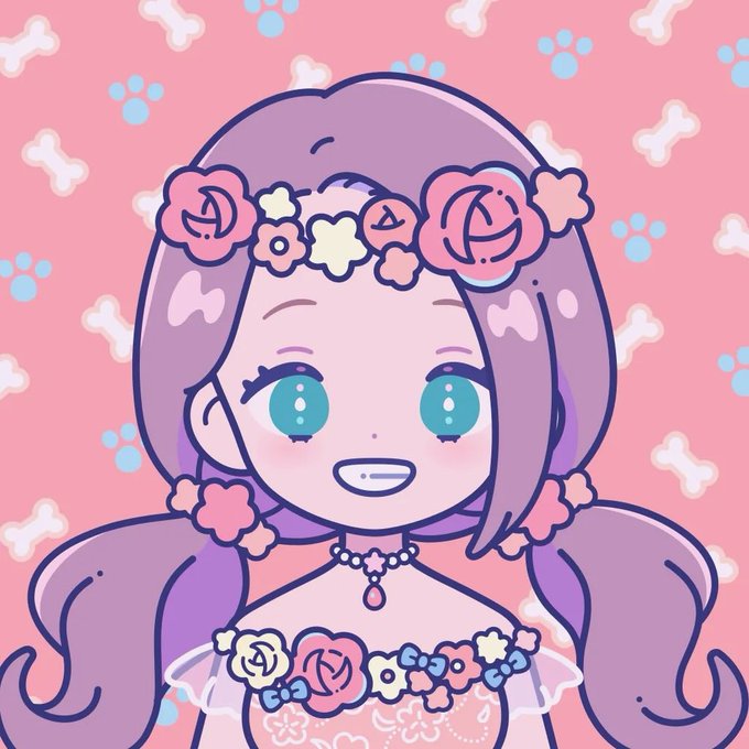 A cute anime-style illustration of a girl with long purple hair, teal eyes, and a flower crown, set against a pink background patterned with white bones and blue paw prints.