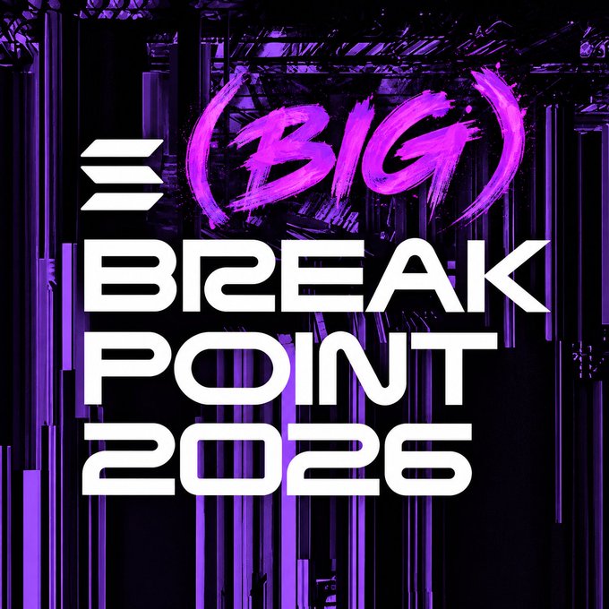 A bold purple graphic displays "BIG BREAKPOINT 2026" in stylized white and pink brushstroke text over a dark, atmospheric background, promoting the upcoming Solana conference in London mentioned in the post.