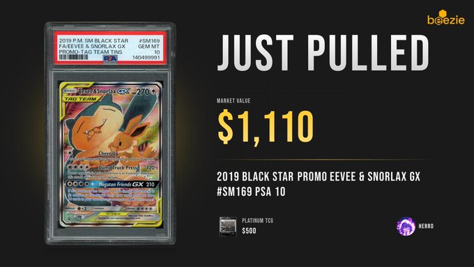 A PSA 10 graded 2019 Black Star Promo Eevee & Snorlax GX card (#SM169) with a market value of $1,110, celebrating a high-value Pokémon card pull by Beezie while promoting the $BEEZIE token airdrop. The image showcases the rare, appreciating "shiny cardboard" referenced in the post as part of the reward experience.